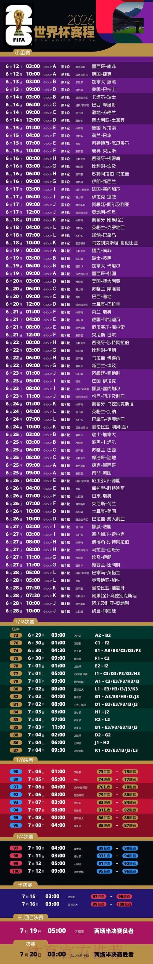 2026世界杯完整赛程一览高清直播免费观看